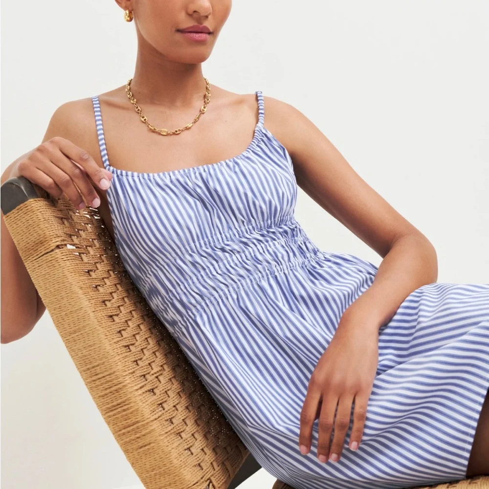 Reformation Blue and White elastic Striped mini dress size large - Picture 2 of 10